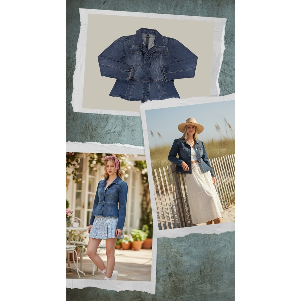 Feminine Stretch Denim Jacket S Blue Bohemian Chic Peplum Puff Shoulder